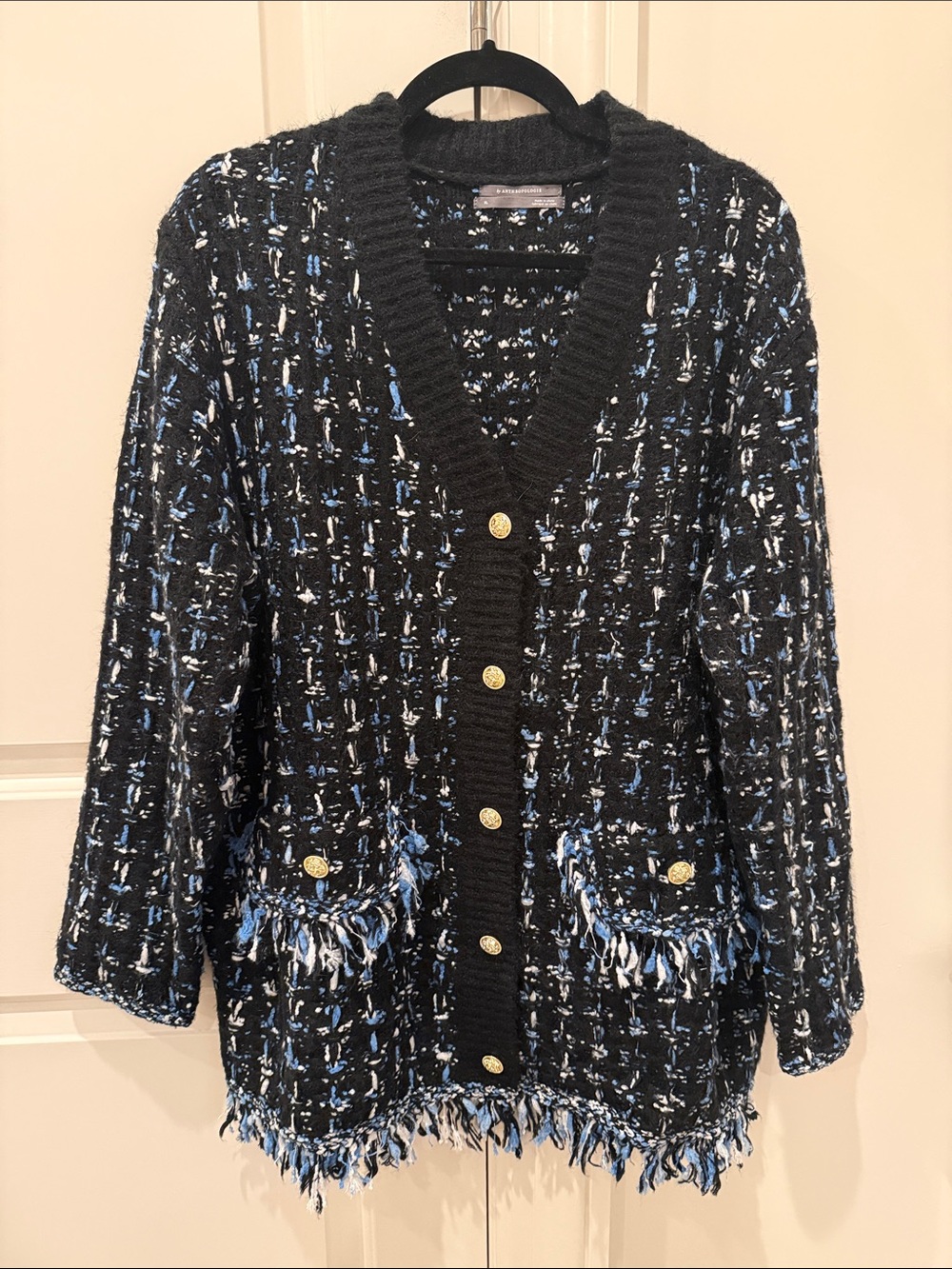 Anthropologie Tweed Fringe Cardigan Size XL Blk/Blu/Wht